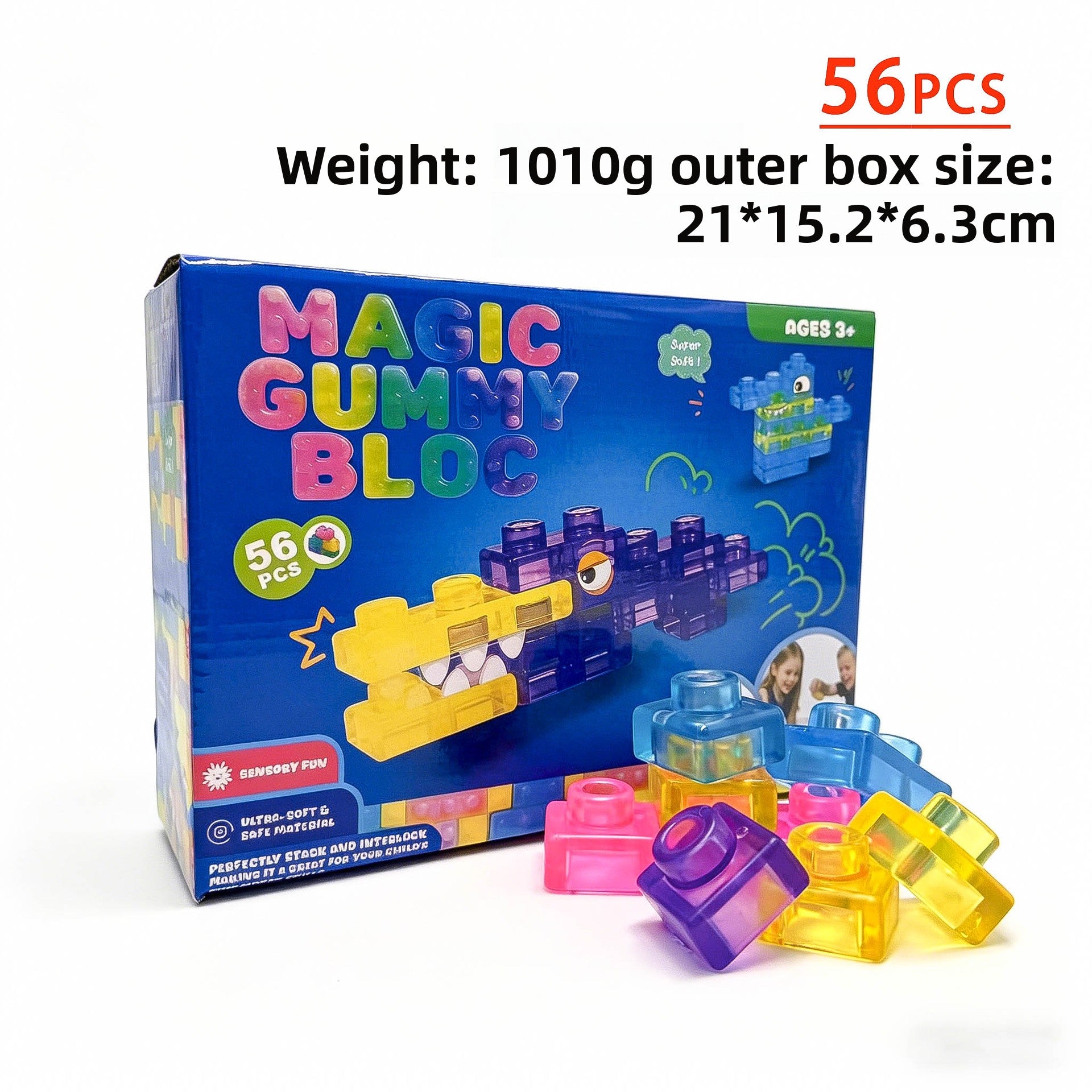 Box of Magic Gummy Bloc toy set with colorful blocks on a white background