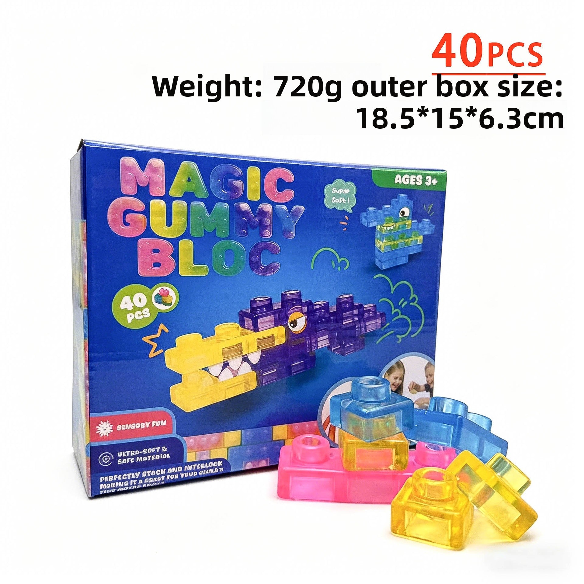 Box of Magic Gummy Blocs with colorful blocks displayed in front on a white background