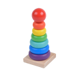 Colorful wooden rainbow tower toy with rainbow-colored rings on a white background
